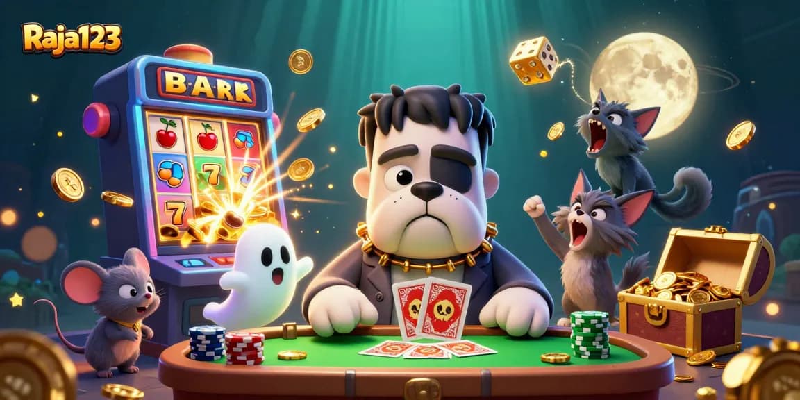 Experience thrilling card games at Raja123, surrounded by animated casino graphics in a festive 3D scene.