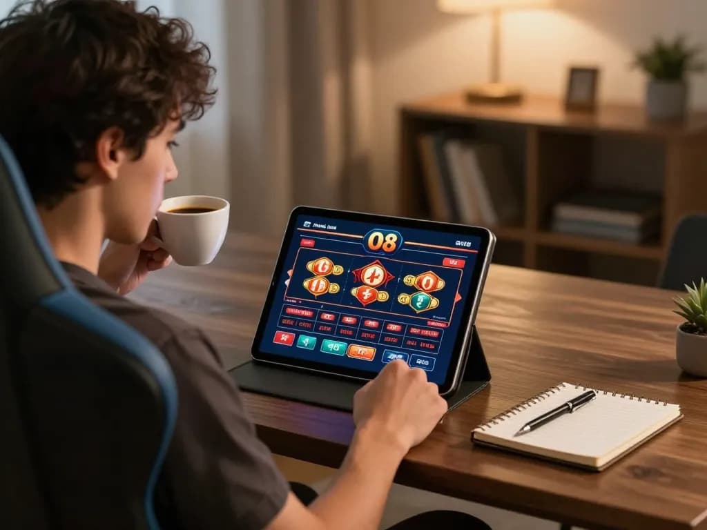 Player interacting with the O8 online casino app at home, showcasing responsible gambling practices.