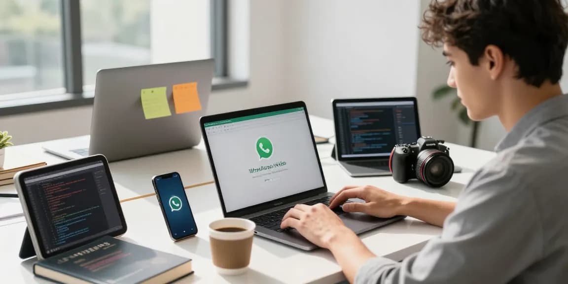 Using WhatsApp網頁版 on a laptop in a modern tech workspace with multiple devices.