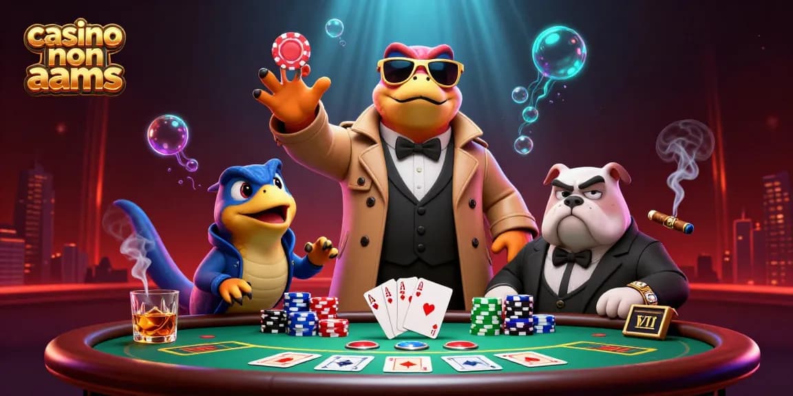 Giocatori al casinò non AAMS con un trio di rapaci in un trench coat all'ingresso, circondati da elementi di poker e atmosfera vivace.