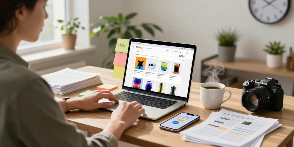 Buy ebay account for sale on a productive home office desk with vibrant workspace elements.