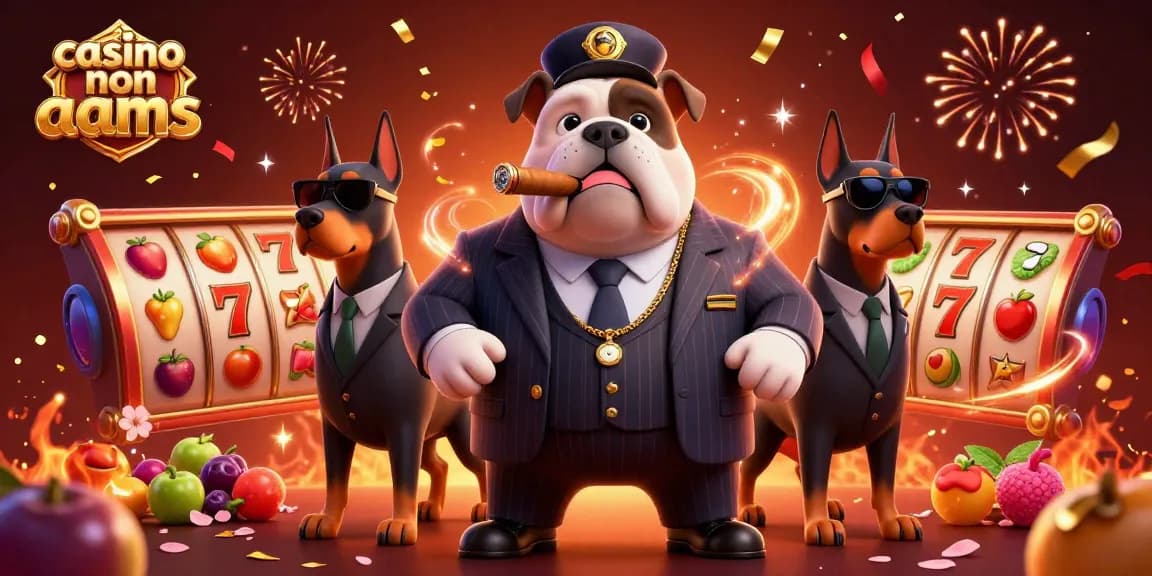 Scopri il mondo del casino non AAMS con un bulldog gangster e slot colorate in un'illustrazione affascinante.