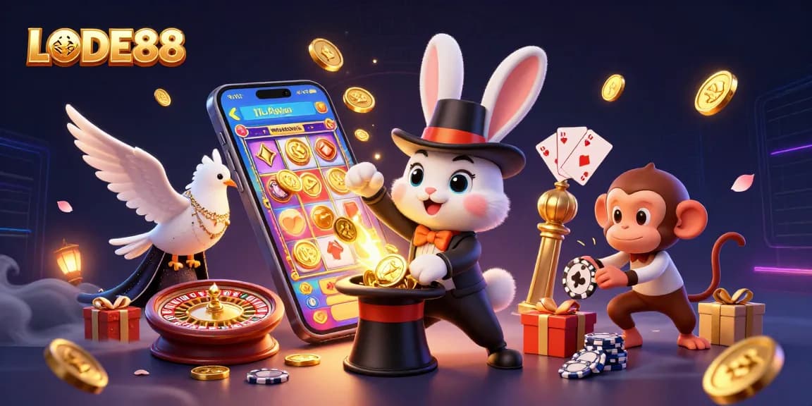 Engaging scene showcasing LODE88 with a magician rabbit, glamorous dove, and monkey among casino elements.