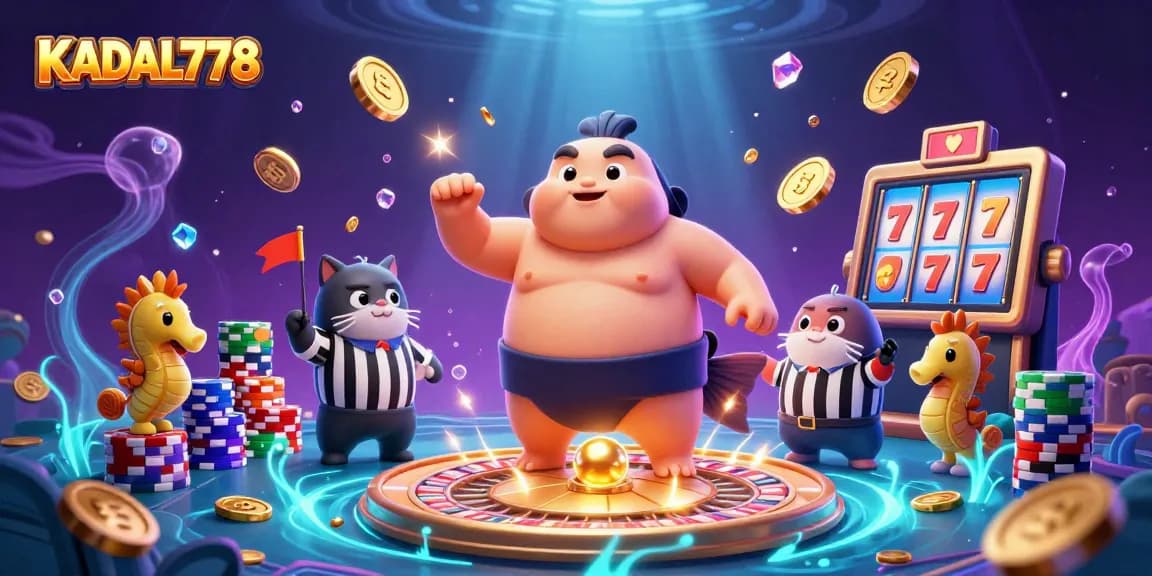 KADAL778 showcases a vibrant underwater casino scene with a lucky blowfish, catfish referee, and colorful gambling elements.