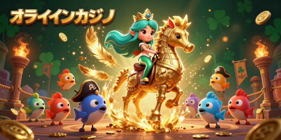 オンラインカジノの魅力を探索する美しい人魚姫と黄金の海馬の3Dイラスト。