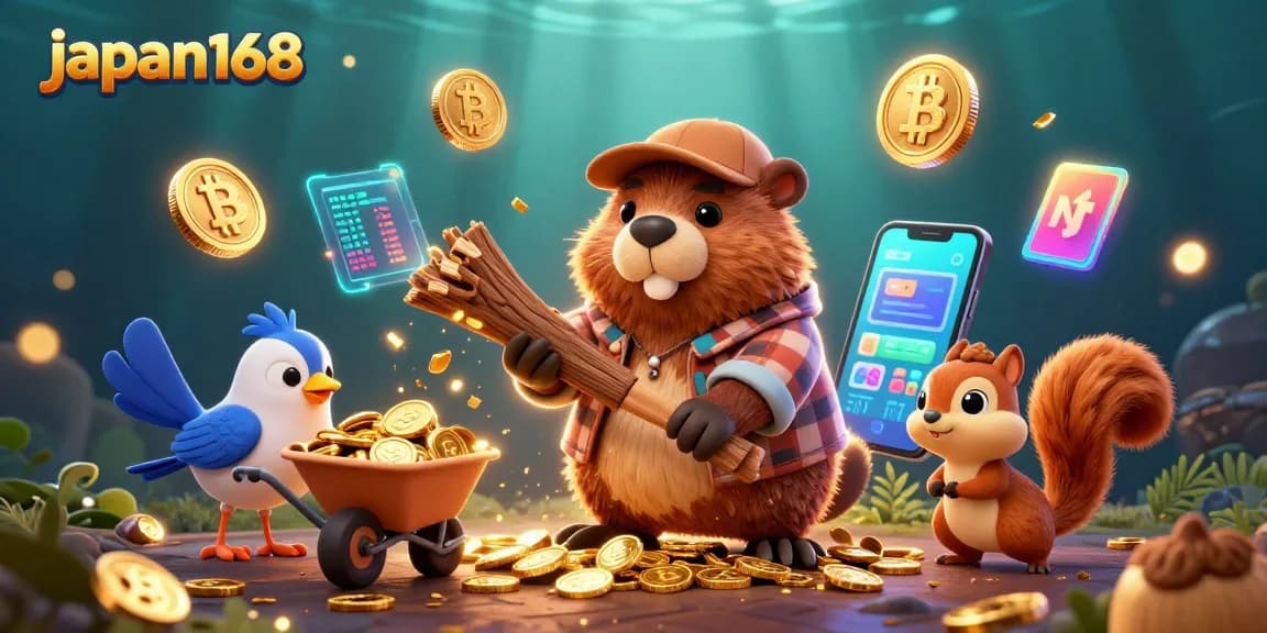 japan168 casino scene with cartoon beaver, coins and crypto elements creating excitement.