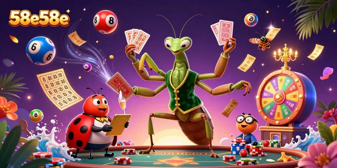 A vibrant casino scene featuring a giant praying mantis card sharp dealing cards and colorful lottery balls, promoting 58e58e.