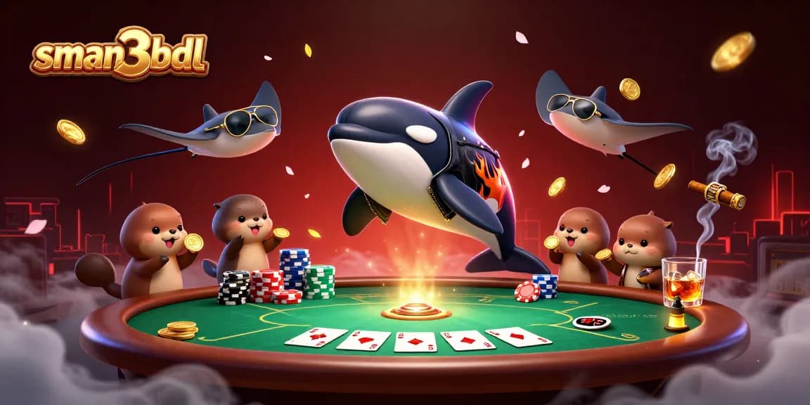 Gambarkan sman3bdl dengan ikan orca berjaket kulit dan ikan pari, menikmati permainan kasino di lautan
