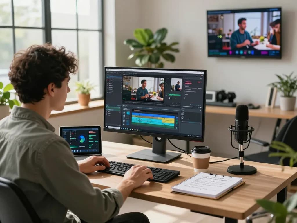 AI specialist using video to prompt AI technology in a dynamic digital workspace.