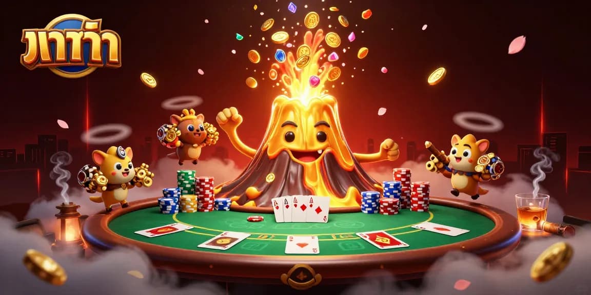 Engage in baccarat action with golden volcano bursting treasure and poker elements