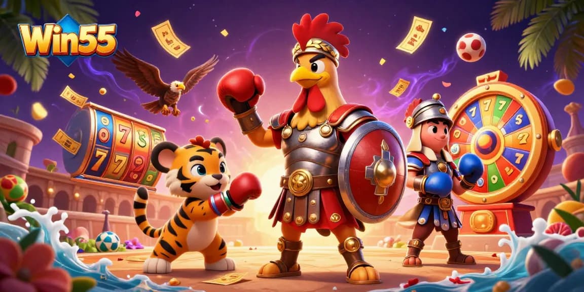 Engage with thrilling jackpots at Win55 featuring lively characters in a vibrant casino scene.