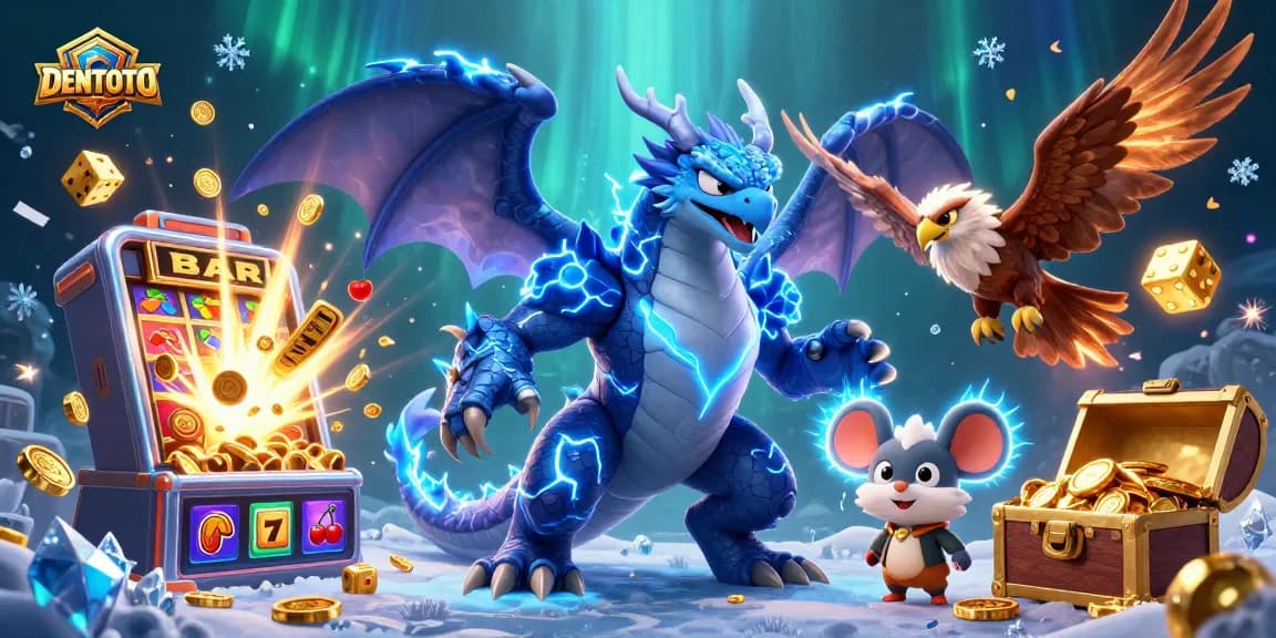 DENTOTO showcases a vibrant 3D casino scene featuring dynamic slot machines and electric characters, captivating players.