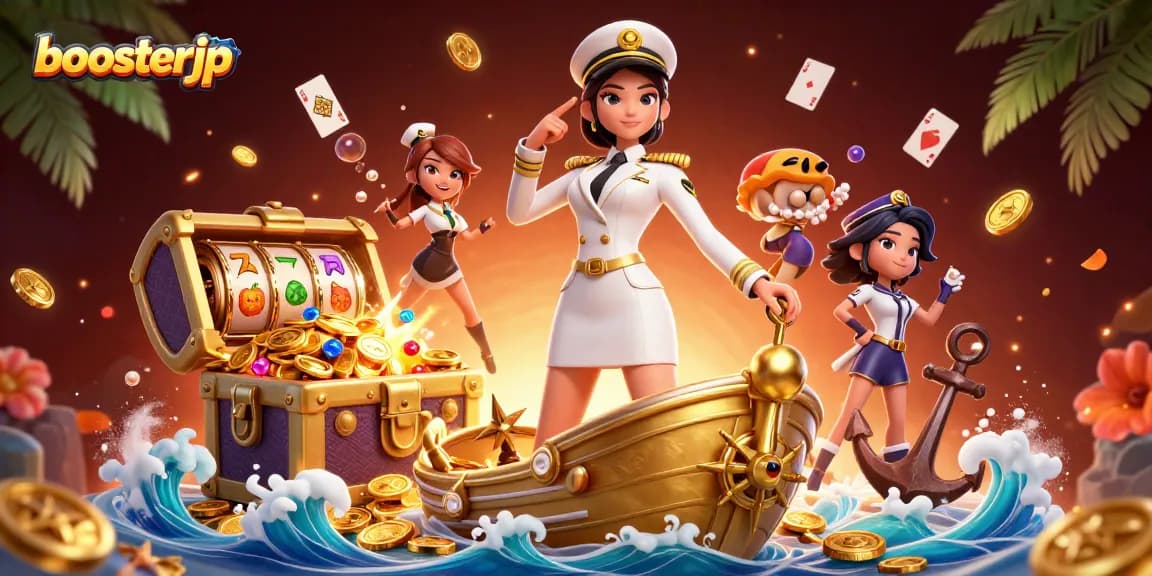 Experience thrilling gameplay with boosterjp in a vibrant 3D casino illustration featuring gold coins and slot elements.