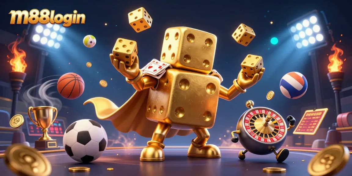 Play exciting games with m88login featuring a dynamic scene of golden dice, sports balls, and vibrant elements.