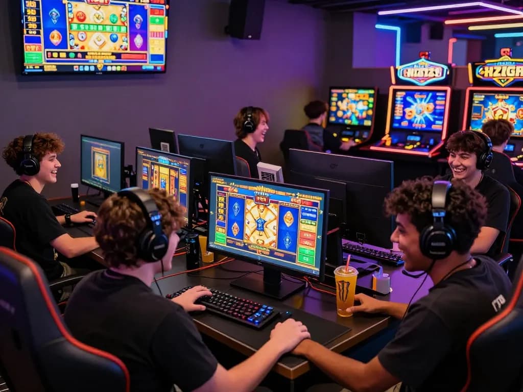 Exciting group of gamers enjoying a slot gacor experience at Zeus138, surrounded by vibrant gaming elements and colorful displays.