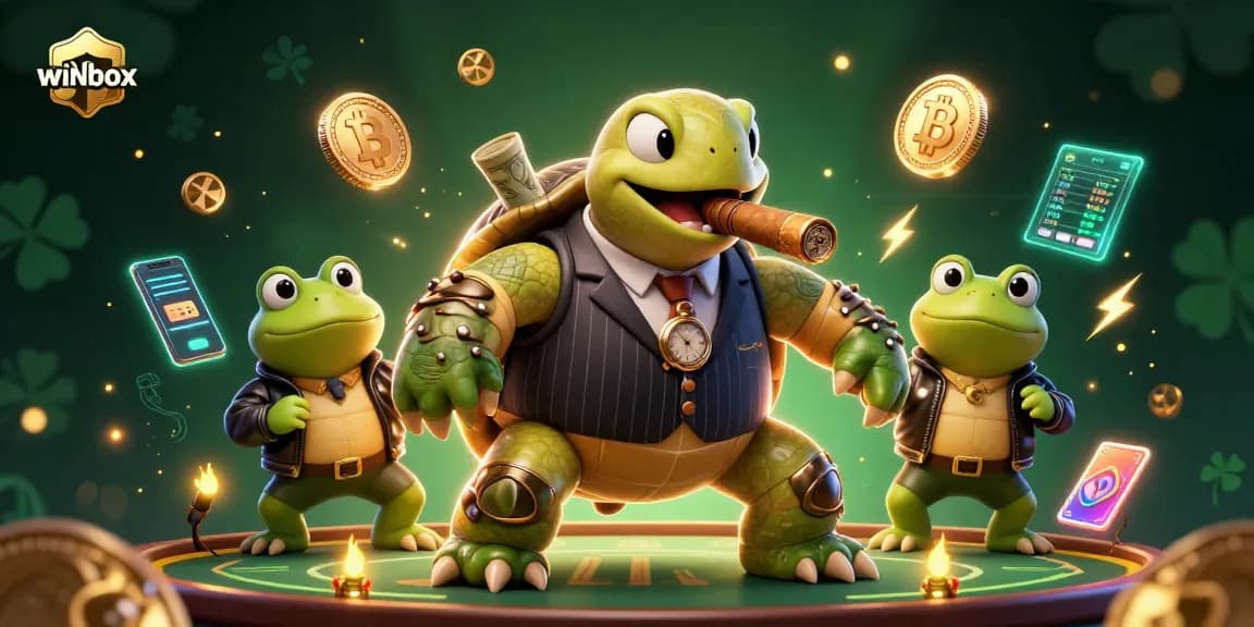 Winbox showcases vibrant casino action with a turtle mobster and bullfrog enforcers in a dynamic 3D scene.