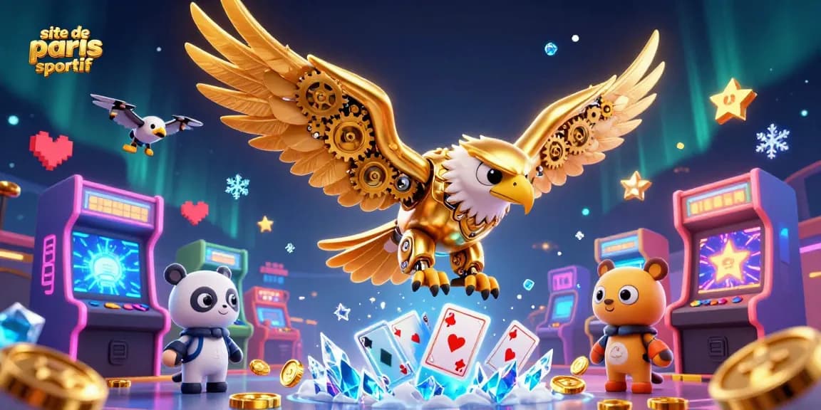 Plongez dans l'univers du site de paris sportif avec un aigle cyborg doré au milieu de cartes holographiques.