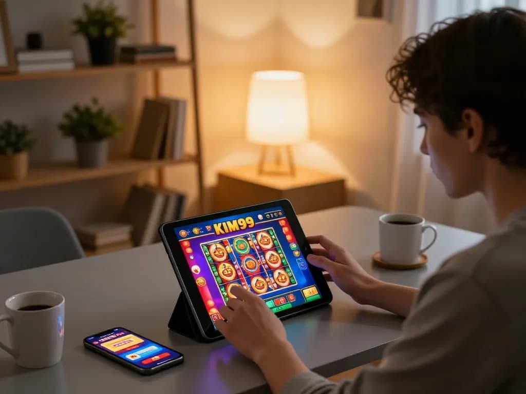 KIM99 player engaged in exciting online gambling through a tablet in a cozy home environment