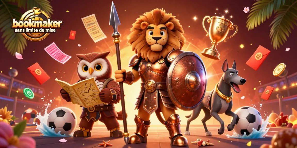 Pariez sur un bookmaker sans limite de mise avec un lion en armure, une chouette stratège et un lévrier, entourés d'éléments de paris dynamiques.