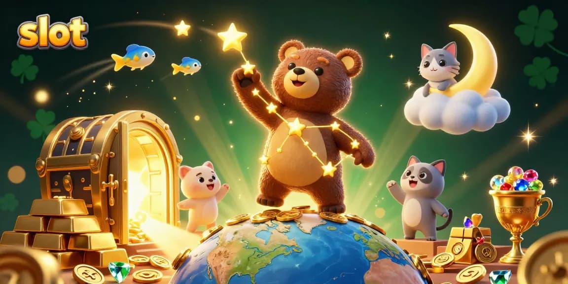 Experience thrilling slot games with vibrant characters and gold treasures in this captivating illustration.