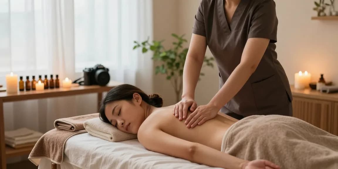 스웨디시 마사지 중인 프로 마사지사와 편안한 스파 환경, 아로마 오일과 촛불이 있는 모습