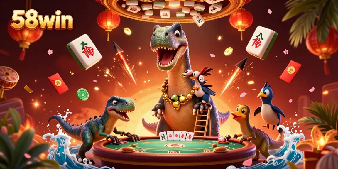 Experience thrilling action at 58win with playful dinosaurs in a vibrant casino setting.