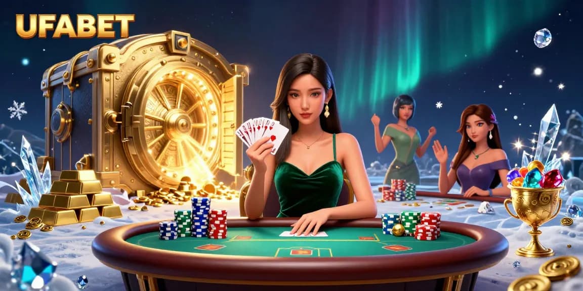 Engage with UFABET through immersive casino gameplay featuring a strategic Asian woman at a poker table.