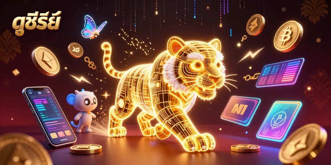 Experience ดูซีรี่ย์ with a vibrant 3D casino scene featuring a neon tiger and blockchain elements.