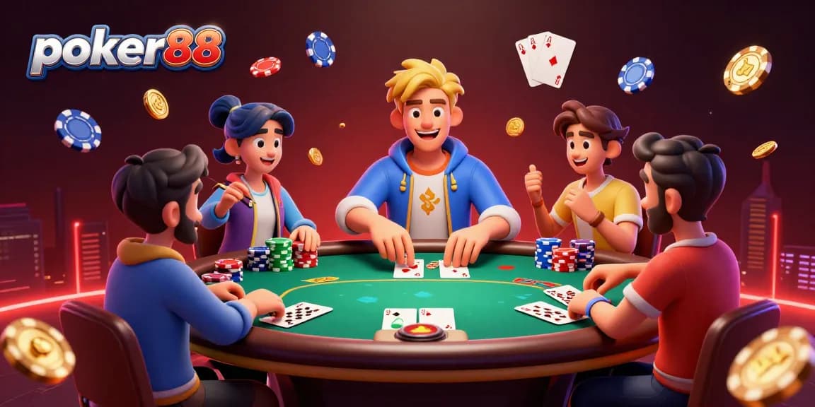 Experience thrilling poker88 action with players at a vibrant table, chips stacked high, cards in play!
