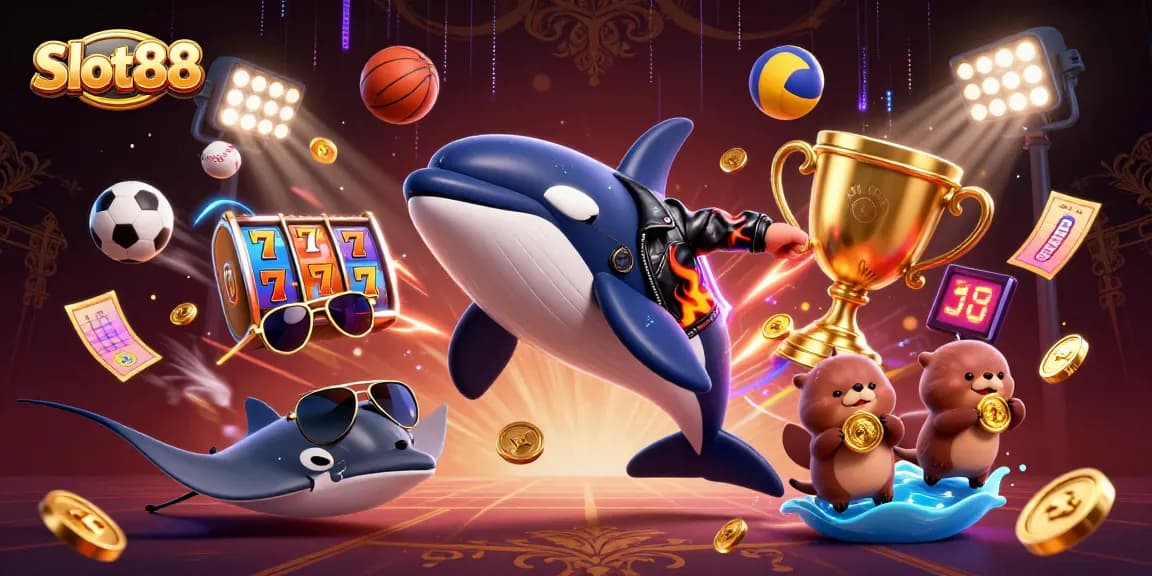 Engage with Slot88's thrilling jackpot action featuring a dynamic whale, stingray, and otters amidst rich casino elements.