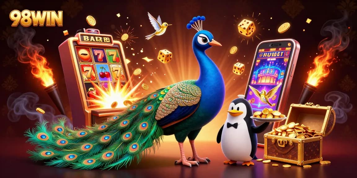 Experience winning at 98WIN with vibrant casino elements and interactive characters.