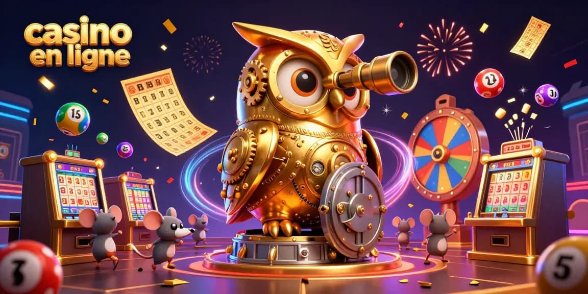 Illustration d'un casino en ligne avec un hibou doré et des balles de loterie colorées.