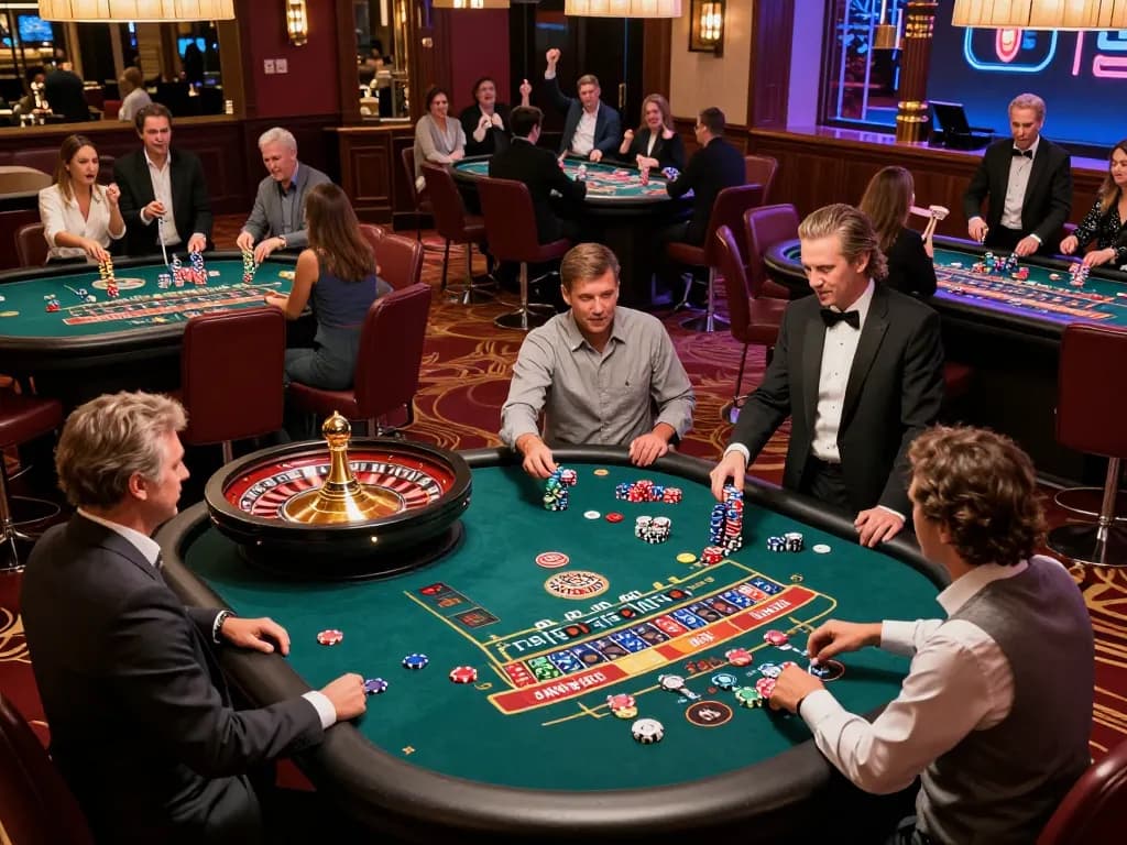 O8 players spinning roulette at a vibrant casino, celebrating wins amid colorful chips.