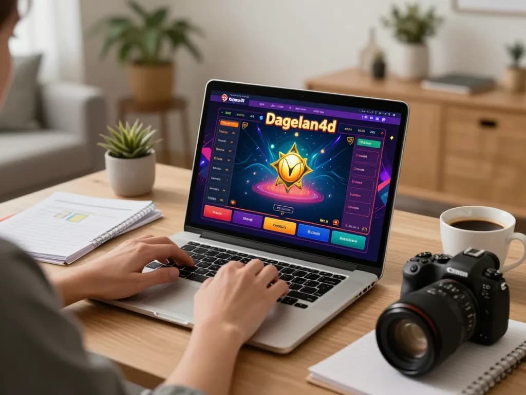Engaged player accessing dagelan4d online games on laptop, showcasing an inviting home workspace.