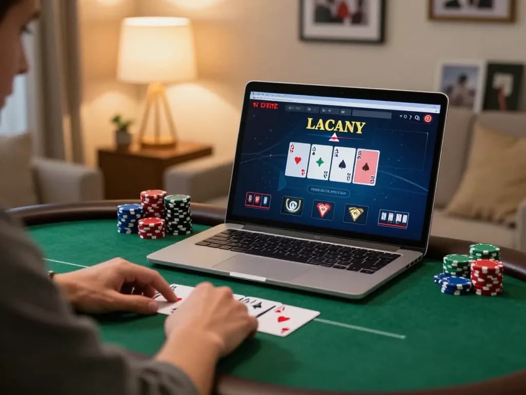 Player enjoying O8 online poker game on laptop in stylish home setting, warm lighting accentuates strategic gameplay