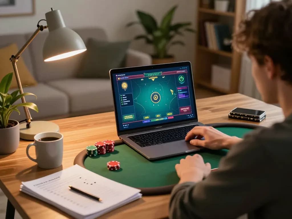 Engaged player using rikvip for online poker with strategic notes at home.