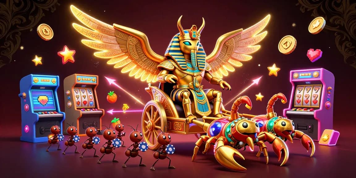 Jouer au casino en ligne avec une illustration colorée de machines à sous et d'un scarabée doré.