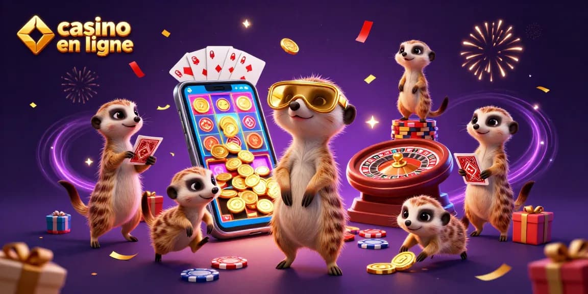 Casino en ligne où une colonie de suricates gère un casino avec des jeux colorés.