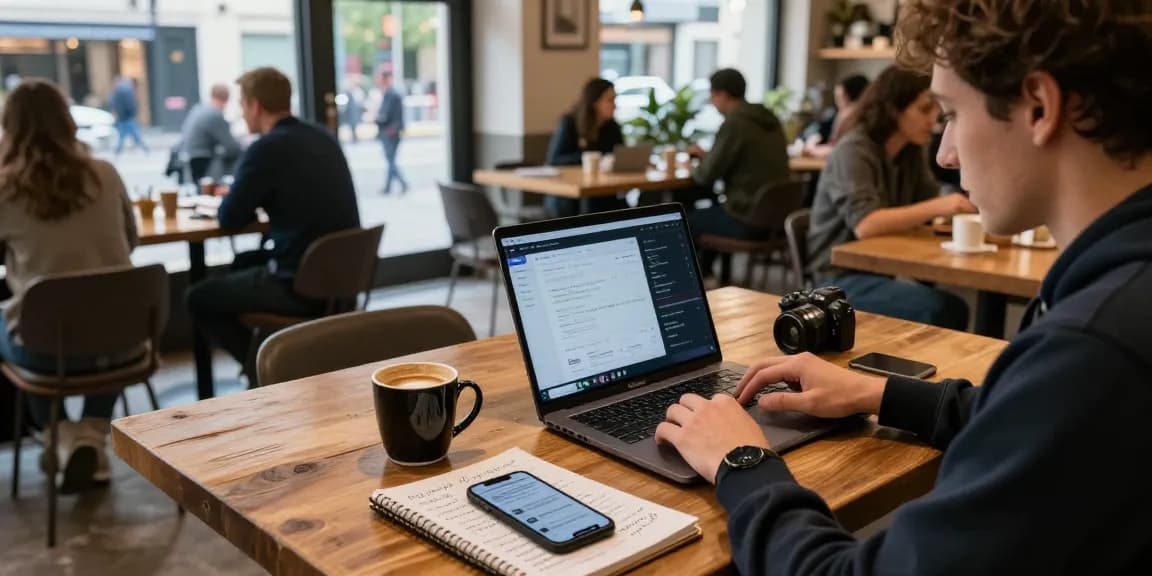 spy stock investment strategies on a laptop in a vibrant coffee shop