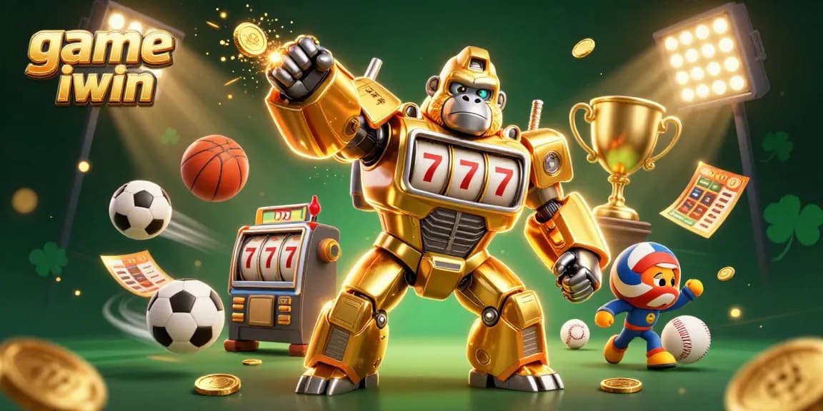 Engage with game iwin’s exciting world of gaming, featuring a dynamic golden gorilla mech and vibrant sports elements.