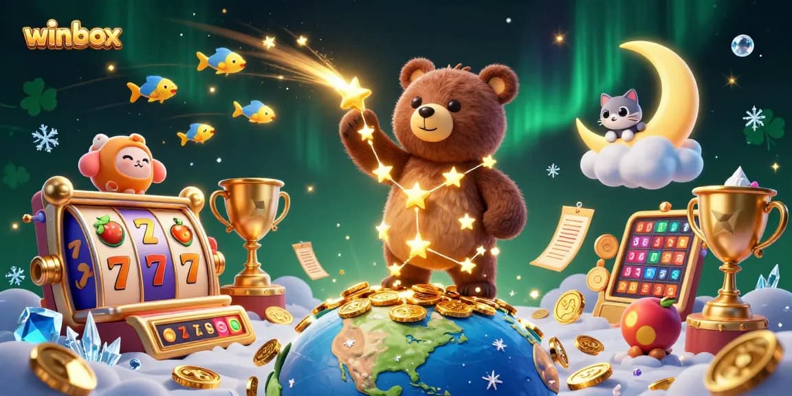 Experience thrilling slots at Winbox as a constellation bear collects coins amidst vibrant casino elements.