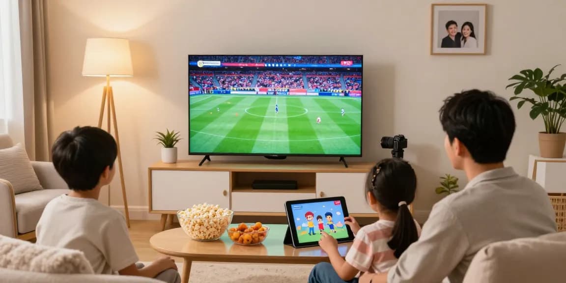 Famille profitant de l'iptv dans un salon chaleureux avec télévision et appareils.