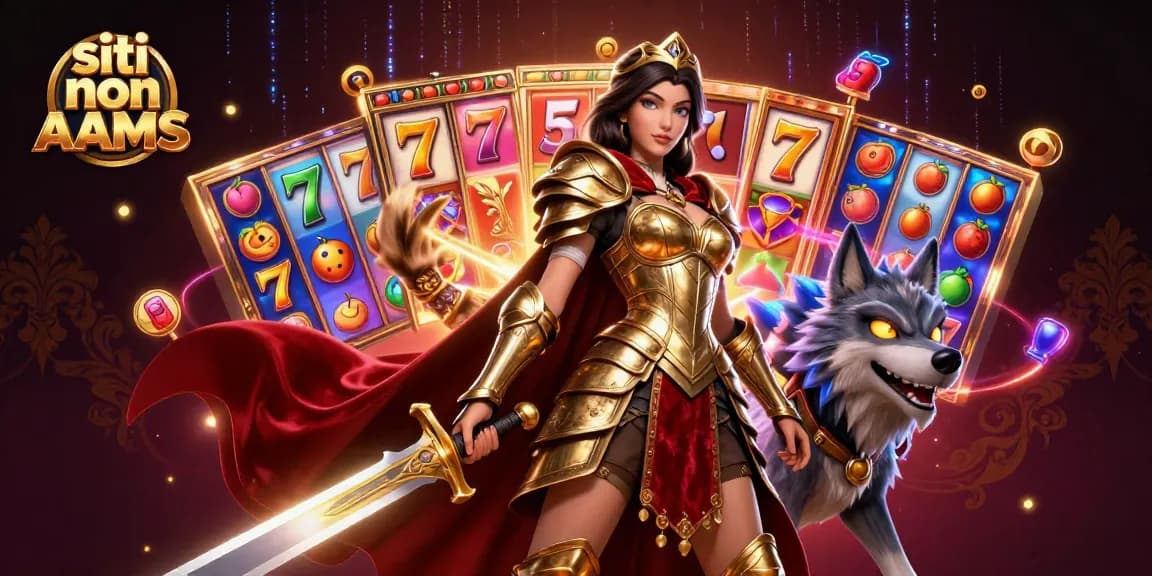 Interagisci con l'azione dinamica delle scommesse siti non AAMS che presenta una regina guerriera e un lupo luminoso.