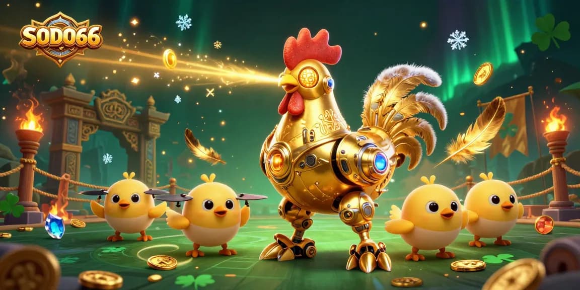 Engage with SODO66's dazzling gaming universe featuring a dynamic golden rooster robot and vibrant atomic creatures.