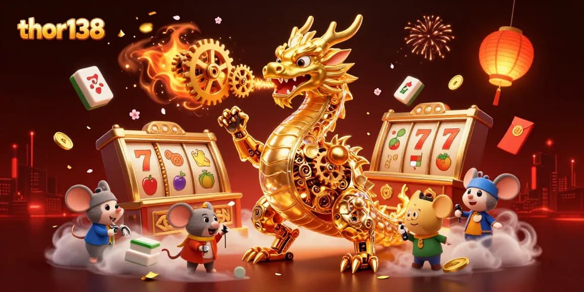 Bermain di thor138 dengan naga emas mekanik yang menakjubkan dan simbol slot jackpot berkilau.