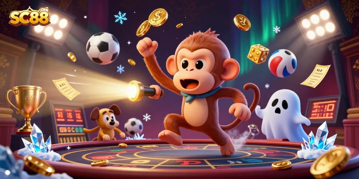 Engage with SC88's delightful casino experience as a mischievous monkey juggles in a vibrant scene.