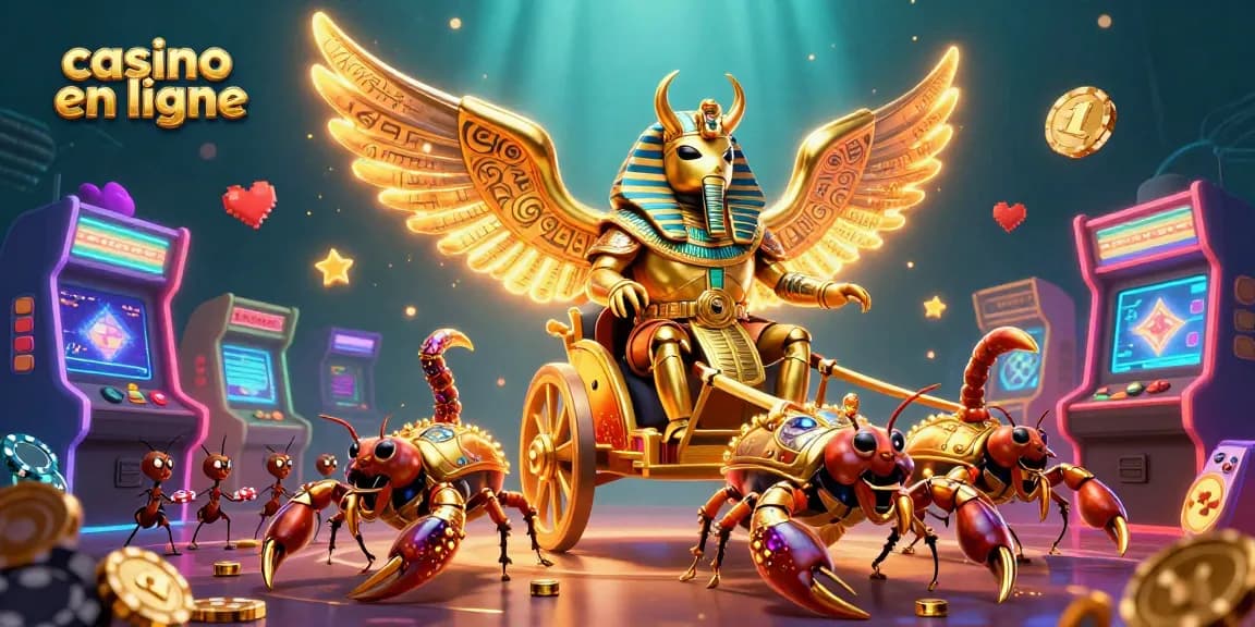 Plongez dans un casino en ligne avec un scarabée doré colossal en armure pharaonique, accompagnés de scorpions joyaux et d'infimes soldats fourmis.