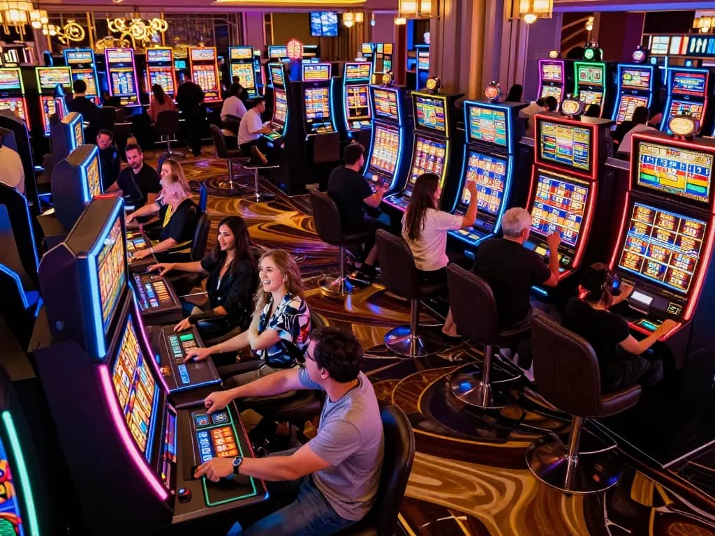 Players enjoying slot games, celebrating wins in a lively casino atmosphere highlighting dynamic gaming.