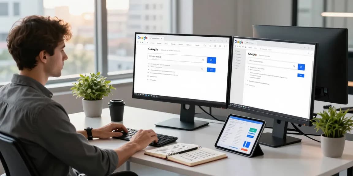 Digital marketer simulating Google search with i search from settings in a modern workspace.