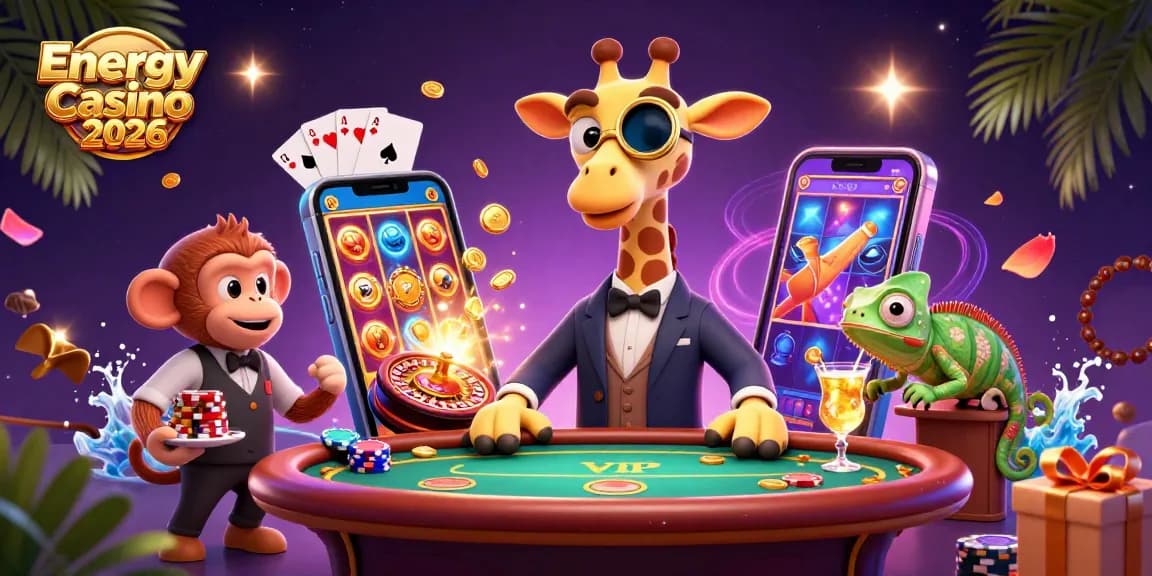 Az Energy Casino 2026 nyerőgépekkel és kaszinós élményekkel gazdagított látványos jelenetet ábrázoló 3D illusztráció.